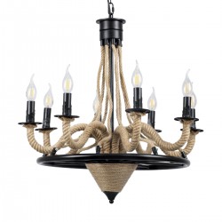 GloboStar® PENNSYLVANIA 00542 Vintage Κρεμαστό Φωτιστικό Οροφής Πολύφωτο 8 x E14 Μαύρο Μεταλλικό Πολυέλαιος με Μπεζ Σχοινί Φ64 x Y63cm