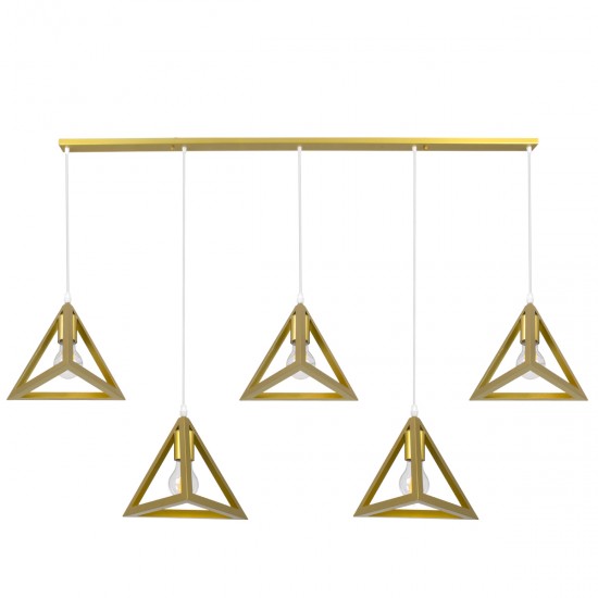 GloboStar® TRIANGLE 00610 Μοντέρνο Κρεμαστό Φωτιστικό Οροφής Πολύφωτο 5 x E27 Χρυσό Μεταλλικό Πλέγμα Μ170 x Π22 x Y130cm