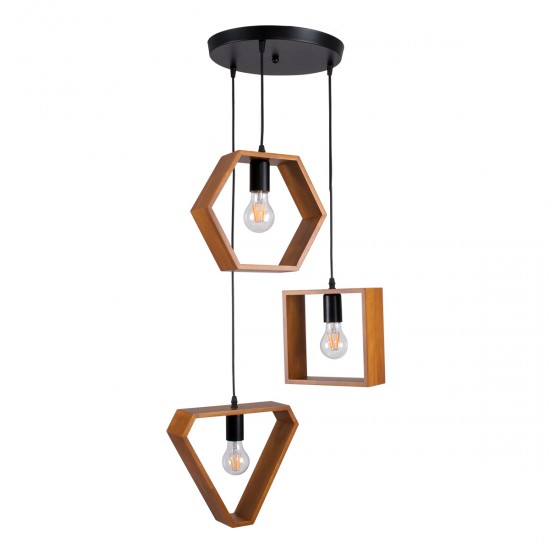 GloboStar® ELISE 00685 Μοντέρνο Κρεμαστό Φωτιστικό Οροφής Τρίφωτο 3 x E27 Σκούρο Καφέ Μεταλλικό Ξύλινο Δρυς Ράγα Φ55 x Υ130cm