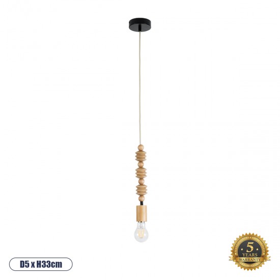 GloboStar® BEADS 00696 Vintage Κρεμαστό Φωτιστικό Οροφής Μονόφωτο 1 x E27 AC220-240V IP20 - Φ5 x Υ33cm - Μπεζ Ξύλινο Ανάρτηση - 5 Χρόνια Εγγύηση