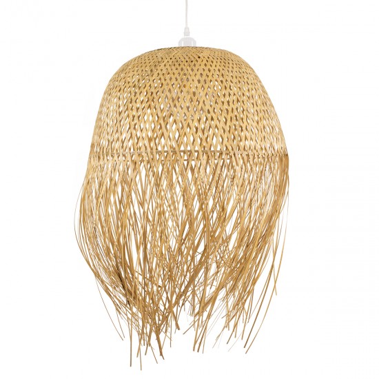 GloboStar® MANILA 00713 Vintage Κρεμαστό Φωτιστικό Οροφής Μονόφωτο 1 x E27 Μπέζ Ξύλινο Ψάθινο Μπαμπού Καμπάνα Φ50 x Y70cm