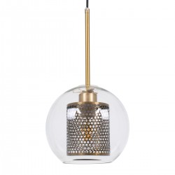 GloboStar® AVERY 00739 Μοντέρνο Κρεμαστό Φωτιστικό Οροφής Μονόφωτο 1 x E27 Διάφανο Γυάλινο με Χρυσό Μεταλλικό Πλέγμα Φ18 x Υ38cm
