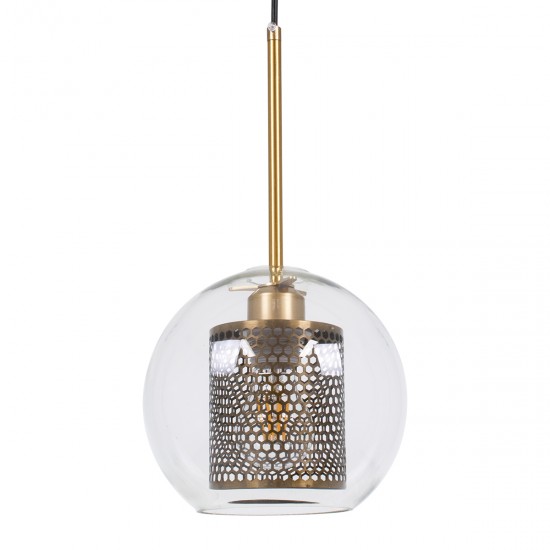 GloboStar® AVERY 00739 Μοντέρνο Κρεμαστό Φωτιστικό Οροφής Μονόφωτο 1 x E27 Διάφανο Γυάλινο με Χρυσό Μεταλλικό Πλέγμα Φ18 x Υ38cm