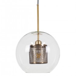 GloboStar® AVERY 00740 Μοντέρνο Κρεμαστό Φωτιστικό Οροφής Μονόφωτο 1 x E27 Διάφανο Γυάλινο με Χρυσό Μεταλλικό Πλέγμα Φ30 x Υ48cm