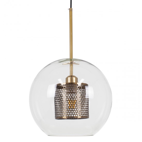 GloboStar® AVERY 00740 Μοντέρνο Κρεμαστό Φωτιστικό Οροφής Μονόφωτο 1 x E27 Διάφανο Γυάλινο με Χρυσό Μεταλλικό Πλέγμα Φ30 x Υ48cm