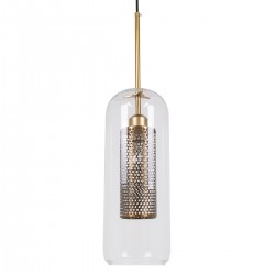 GloboStar® AVERY 00741 Μοντέρνο Κρεμαστό Φωτιστικό Οροφής Μονόφωτο 1 x E27 Διάφανο Γυάλινο με Χρυσό Μεταλλικό Πλέγμα Φ15 x Υ60cm