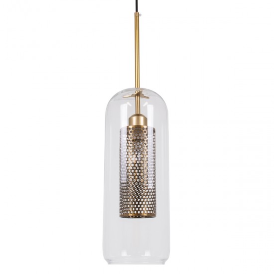 GloboStar® AVERY 00741 Μοντέρνο Κρεμαστό Φωτιστικό Οροφής Μονόφωτο 1 x E27 Διάφανο Γυάλινο με Χρυσό Μεταλλικό Πλέγμα Φ15 x Υ60cm