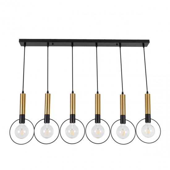 GloboStar® OLVERO 00776 Μοντέρνο Κρεμαστό Φωτιστικό Οροφής Πολύφωτο 6 x E27 Μαύρο - Χρυσό Μεταλλικό Πλέγμα Μ110 x Π18 x Y130cm