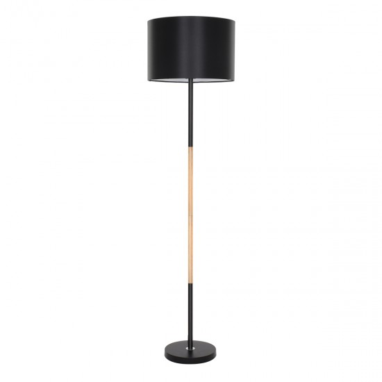 GloboStar® ASHLEY 00824 Μοντέρνο Φωτιστικό Δαπέδου Μονόφωτο 1 x E27 Μαύρο Μεταλλικό Καμπάνα με Μαύρο Ύφασμα & Εφέ Ξύλου D40 x H145cm