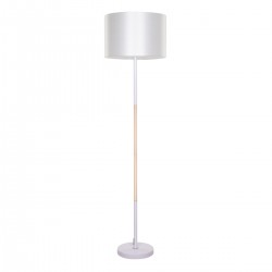 GloboStar® ASHLEY 00826 Μοντέρνο Φωτιστικό Δαπέδου Μονόφωτο 1 x E27 Λευκό Μεταλλικό Καμπάνα με Λευκό Ύφασμα & Εφέ Ξύλου D40 x H145cm