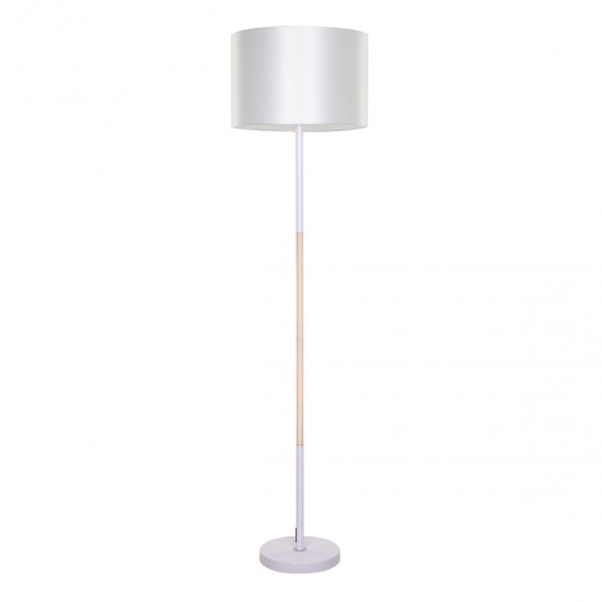 GloboStar® ASHLEY 00826 Μοντέρνο Φωτιστικό Δαπέδου Μονόφωτο 1 x E27 Λευκό Μεταλλικό Καμπάνα με Λευκό Ύφασμα & Εφέ Ξύλου D40 x H145cm