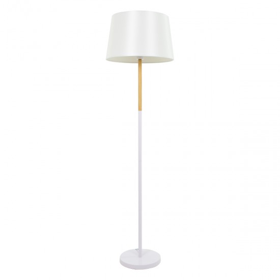 GloboStar® CEDAR 00828 Μοντέρνο Φωτιστικό Δαπέδου Μονόφωτο 1 x E27 Λευκό Μεταλλικό Καμπάνα με Λευκό Ύφασμα & Εφέ Ξύλου D40 x H148cm