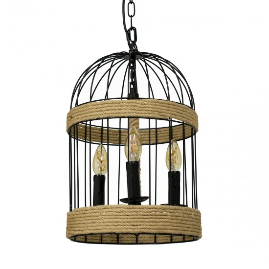 GloboStar® MERLIN 00865 Vintage Industrial Κρεμαστό Φωτιστικό Οροφής Τρίφωτο 3 x E14 Μαύρο Μεταλλικό Με Σχοινί Φ28 x Y40cm