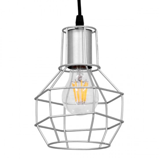GloboStar® CAGE 00951 Vintage Industrial Κρεμαστό Φωτιστικό Οροφής Μονόφωτο 1 x E27 Ασημί Μεταλλικό Πλέγμα Φ15 x Y22cm