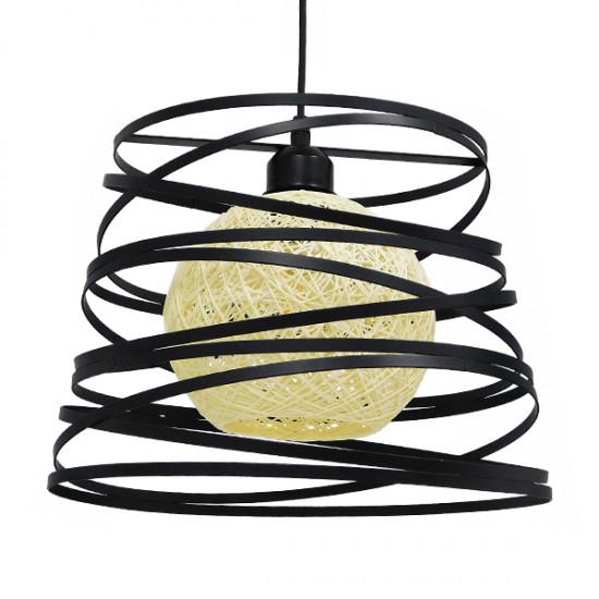 GloboStar® CARTER 00961 Μοντέρνο Industrial Κρεμαστό Φωτιστικό Οροφής Μονόφωτο 1 x E27 AC220-240V IP20 - Φ32 x Υ25cm - Μαύρο Μεταλλικό και Εκρού Μπάλα Πλέγμα - 5 Χρόνια Εγγύηση