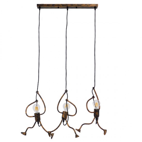 GloboStar® LITTLE MAN 00979 SET Μοντέρνο Κρεμαστό Φωτιστικό Οροφής Τρίφωτο 3 x E27 Καφέ Σκουριά Μεταλλικό Μ70 x Π10 x Υ105cm