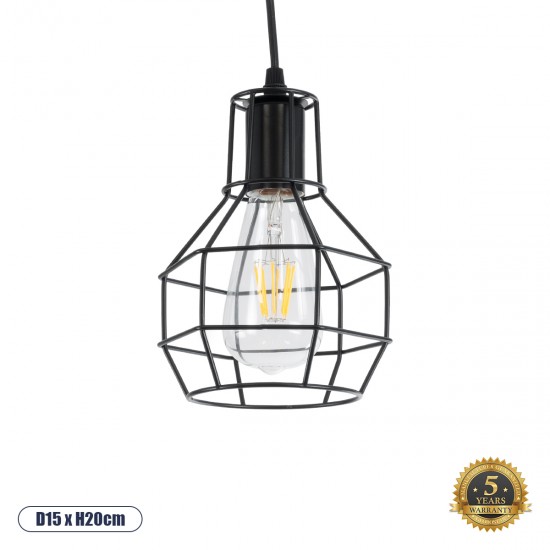 GloboStar® CAGE BLACK 01017 Vintage Industrial Κρεμαστό Φωτιστικό Οροφής Μονόφωτο 1 x E27 AC220-240V - Φ15 x Υ20cm - Μαύρο Μεταλλικό Πλέγμα - 5 Χρόνια Εγγύηση