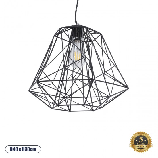 GloboStar® GRID 01022 Vintage Industrial Kρεμαστό Φωτιστικό Οροφής Μονόφωτο 1 x E27 AC220-240V - Φ40 x Υ33cm - Μαύρο Μεταλλικό Πλέγμα - 5 Χρόνια Εγγύηση
