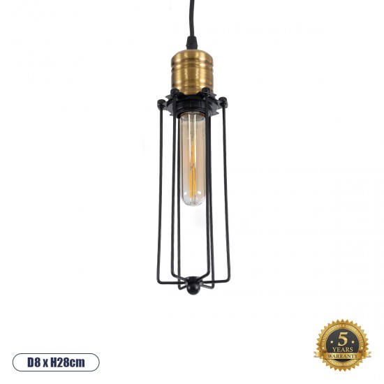 GloboStar® KLECE 01057 Vintage Industrial Κρεμαστό Φωτιστικό Οροφής Μονόφωτο 1 x E27 AC220-240V - Φ8 x Υ28cm - Μαύρο Μεταλλικό Πλέγμα - 5 Χρόνια Εγγύηση