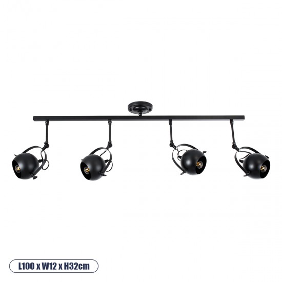GloboStar® CANNES 01082 Μοντέρνο Φωτιστικό Οροφής Πολύφωτο 4 x E27 Μαύρο Μεταλλικό Ράγα Μ108 x Π12 x Υ48cm