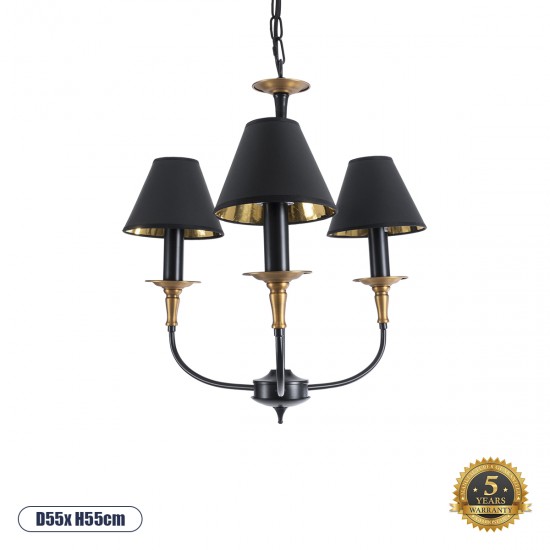 GloboStar® LIMI 01091 Vintage Industrial Κρεμαστό Φωτιστικό Οροφής Τρίφωτο 3 x E14 AC220-240V - Φ55 x Υ55cm - Μαύρο Μεταλλικό Πολυέλαιος με Καπέλο - 5 Χρόνια Εγγύηση