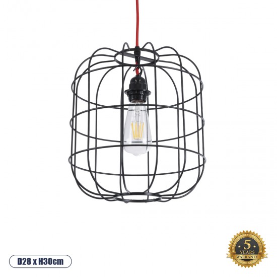 GloboStar® PARROT 01099 Μοντέρνο Industrial Κρεμαστό Φωτιστικό Οροφής Μονόφωτο 1 x E27 AC220-240V - Φ28 x Υ30cm - Μαύρο Μεταλλικό Πλέγμα - 5 Χρόνια Εγγύηση