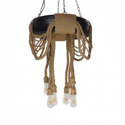GloboStar® MARBELLA 01116 Vintage Industrial Κρεμαστό Φωτιστικό Οροφής Πολύφωτο 8 x E27 Μαύρο με Μπεζ Σχοινι Φ60 x Y60cm