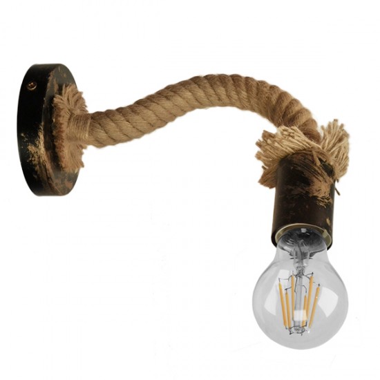 GloboStar® SADON 01126 Vintage Φωτιστικό Τοίχου Απλίκα Μονόφωτο Μπρούτζινο Σκουριά Μεταλλικό με Μπεζ Σχοινί Μ22 x Π10 x Υ15cm