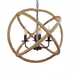 GloboStar® VITRUVIAN 01141 Vintage Κρεμαστό Φωτιστικό Οροφής Πολύφωτο 4 x E14 Μαύρο Μεταλλικό Πολυέλαιος με Μπεζ Σχοινί Φ53 x Y53cm