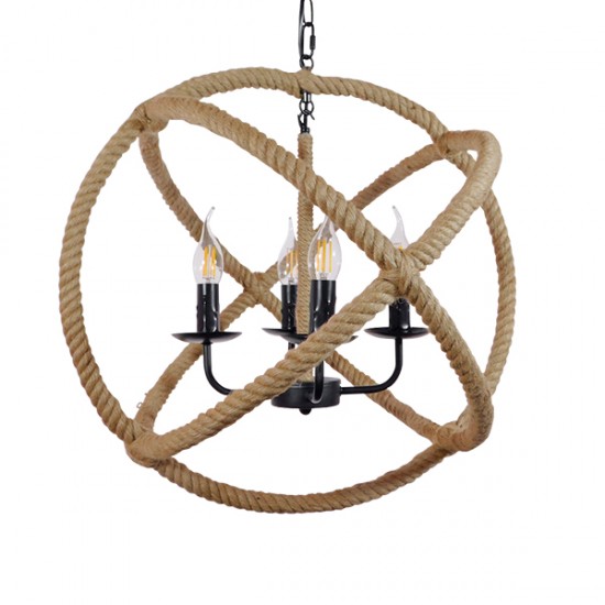 GloboStar® VITRUVIAN 01141 Vintage Κρεμαστό Φωτιστικό Οροφής Πολύφωτο 4 x E14 Μαύρο Μεταλλικό Πολυέλαιος με Μπεζ Σχοινί Φ53 x Y53cm