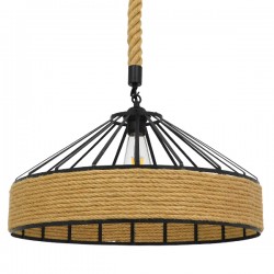 GloboStar® POLI 01147 Vintage Κρεμαστό Φωτιστικό Οροφής Μονόφωτο 1 x E27 Μαύρο Μεταλλικό με Μπεζ Σχοινί Φ50 x Y21cm