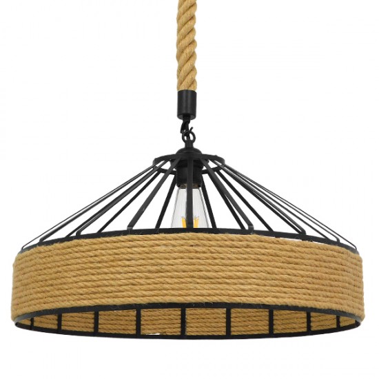 GloboStar® POLI 01147 Vintage Κρεμαστό Φωτιστικό Οροφής Μονόφωτο 1 x E27 Μαύρο Μεταλλικό με Μπεζ Σχοινί Φ50 x Y21cm