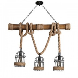 GloboStar® LILO 01149 Vintage Κρεμαστό Φωτιστικό Οροφής Τρίφωτο 3 x E27 Καφέ Ξύλινο Μπαμπού με Μπεζ Σχοινί Μ80 x Π15 x Υ100cm