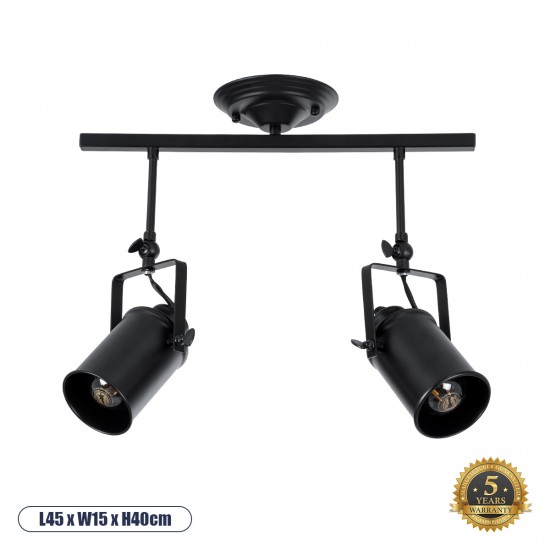 GloboStar® HOLLYWOOD 01154 Vintage Φωτιστικό Οροφής Δίφωτο 2 x E27 Μαύρο Μεταλλικό Ράγα Μ44 x Π13 x Υ36cm