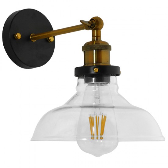 GloboStar® LYDIA 01159 Vintage Φωτιστικό Τοίχου Απλίκα Μονόφωτο Μπρούτζινο Μεταλλικό με Γυάλινη Καμπάνα Φ20 x Μ20 x Π15 x Υ25cm