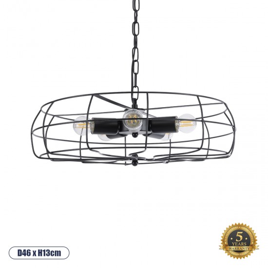 GloboStar® HELIX 01164 Vintage Industrial Κρεμαστό Φωτιστικό Οροφής Πολύφωτο 5 x E27 AC220-240V - Φ48 x Υ12cm - Μαύρο Μεταλλικό Πλέγμα - 5 Χρόνια Εγγύηση
