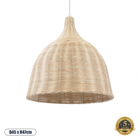 GloboStar® BAHAMAS 01203 Vintage Κρεμαστό Φωτιστικό Οροφής Μονόφωτο 1 x E27 AC220-240V - Φ45 x Υ47cm - Μπεζ Ξύλινο Ψάθινο Μπαμπού Καμπάνα - 5 Χρόνια Εγγύηση