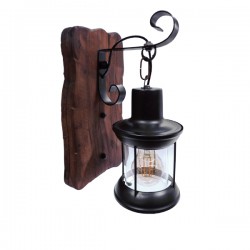 GloboStar® BRASRA 01204 Vintage Φωτιστικό Τοίχου Απλίκα Μονόφωτο 1 x E27 AC220-240V - Μ15 x Π20 x Υ30cm - Ξύλινο με Μαύρο Μεταλλικό Φανάρι και Διάφανο Γυαλί Πλέγμα - 5 Χρόνια Εγγύηση