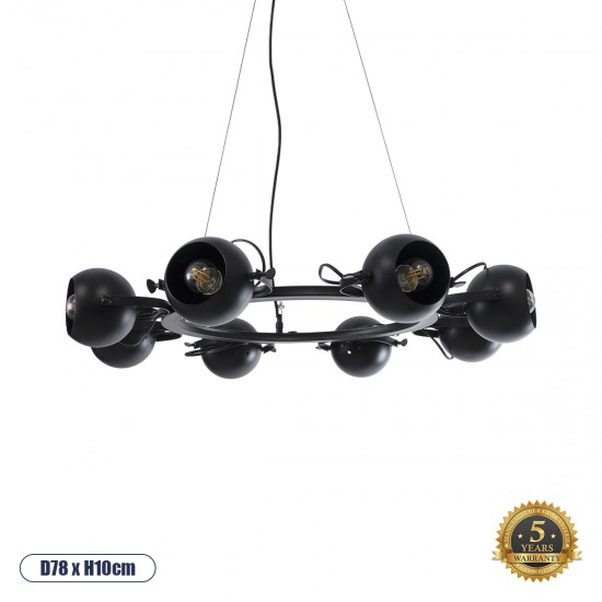 GloboStar® LINNYA 01219 Μοντέρνο Industrial Κρεμαστό Φωτιστικό Οροφής Πολύφωτο 8 x E27 AC220-240V - Φ78 x Υ10cm - Μαύρο Μεταλλικό με Κινούμενα Σποτ - 5 Χρόνια Εγγύηση