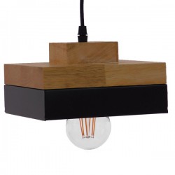 GloboStar® RUHIEL 01234 Μοντέρνο Κρεμαστό Φωτιστικό Οροφής Μονόφωτο 1 x E27 Μαύρο Μεταλλικό με Φυσικό Ξύλο Καμπάνα Φ18 x Y11.5cm