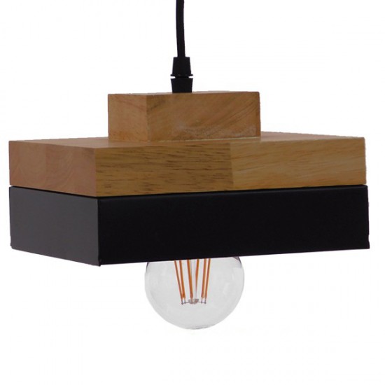 GloboStar® RUHIEL 01234 Μοντέρνο Κρεμαστό Φωτιστικό Οροφής Μονόφωτο 1 x E27 Μαύρο Μεταλλικό με Φυσικό Ξύλο Καμπάνα Φ18 x Y11.5cm