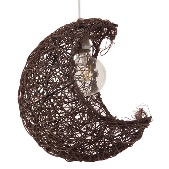 GloboStar® CRESCENT 01330 Vintage Κρεμαστό Φωτιστικό Οροφής Μονόφωτο 1 x E27 Καφέ Σκούρο Ξύλινο Ψάθινο Rattan Μ30 x Π20 x Υ35cm
