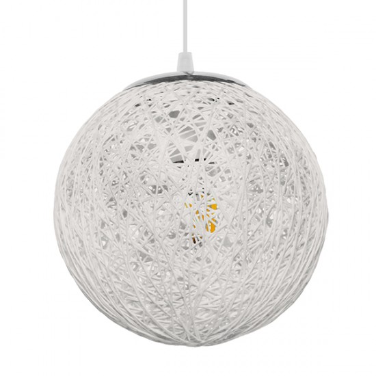 GloboStar® OCEANA 01355 Vintage Κρεμαστό Φωτιστικό Οροφής Μονόφωτο 1 x E27 Λευκό Ξύλινο Ψάθινο Rattan Φ20 x Υ20cm
