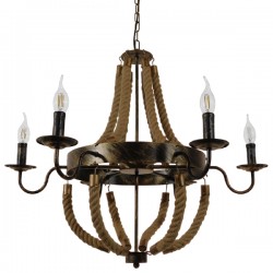 GloboStar® VICTORIAN 01404 Vintage Κρεμαστό Φωτιστικό Οροφής Πολύφωτο 6 x E14 Μπρούτζινο Σκουριά Μεταλλικό Πολυέλαιος με Μπεζ Σχοινί Φ76 x Y65cm