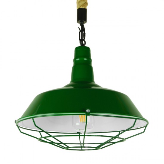 GloboStar® CRANE 01408 Vintage Industrial Κρεμαστό Φωτιστικό Οροφής Μονόφωτο 1 x E27 Πράσινο Λευκό Μεταλλικό Καμπάνα Πλέγμα με Μπεζ Σχοινί Φ36 x Υ31cm