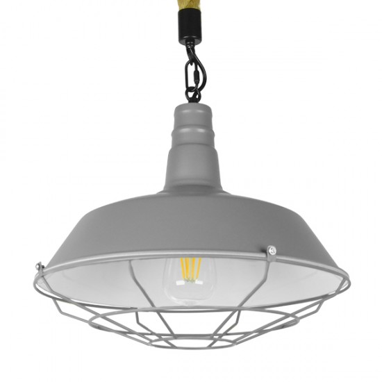 GloboStar® CRANE 01411 Vintage Industrial Κρεμαστό Φωτιστικό Οροφής Μονόφωτο 1 x E27 Γκρι Λευκό Μεταλλικό Καμπάνα Πλέγμα με Μπεζ Σχοινί Φ36 x Υ31cm