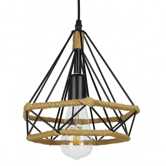 GloboStar® FLUTED 01421 Vintage Κρεμαστό Φωτιστικό Οροφής Μονόφωτο 1 x E27 Μαύρο Μεταλλικό με Μπεζ Σχοινί Φ25 x Υ24cm