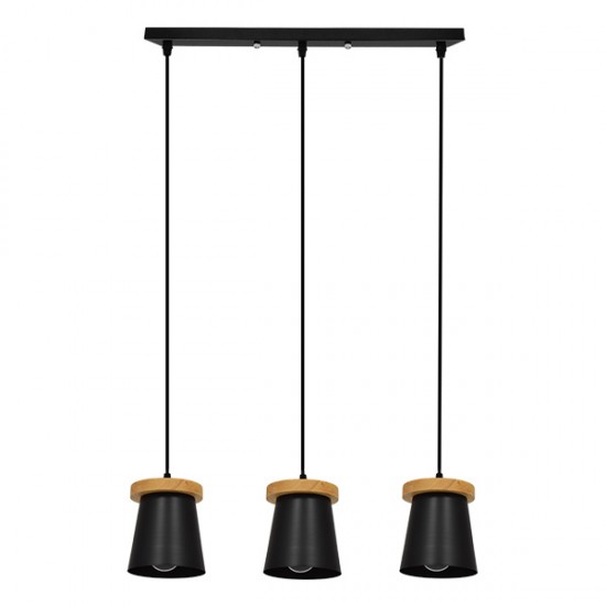 GloboStar® LANA 01425 ΣΕΤ Μοντέρνο Κρεμαστό Φωτιστικό Οροφής Τρίφωτο 3 x E27 με Ξύλινη Βάση και Μαύρο Καπέλο Φ13 x Μ58 x Y17cm