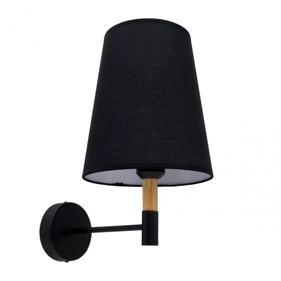GloboStar® LYDFORD 01432 Μοντέρνο Φωτιστικό Τοίχου Απλίκα Μονόφωτο Μαύρο με Μπέζ Ξύλο Μεταλλικό Φ20 x Y36cm