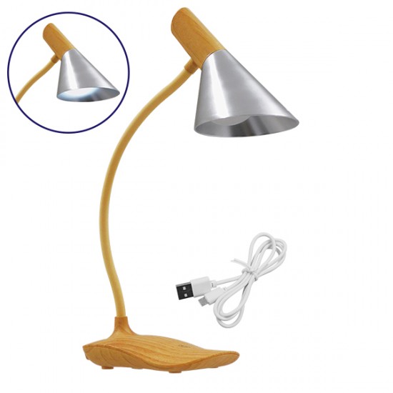 GloboStar® DRAPER 01438 Επαναφορτιζόμενο USB Φωτιστικό Γραφείου LED 6 Watt Μονόφωτο Μεταλλικό σε Απόχρωση Ξύλου με Ασημί Καπέλο Λευκό Ημέρας 4500K Dimmable